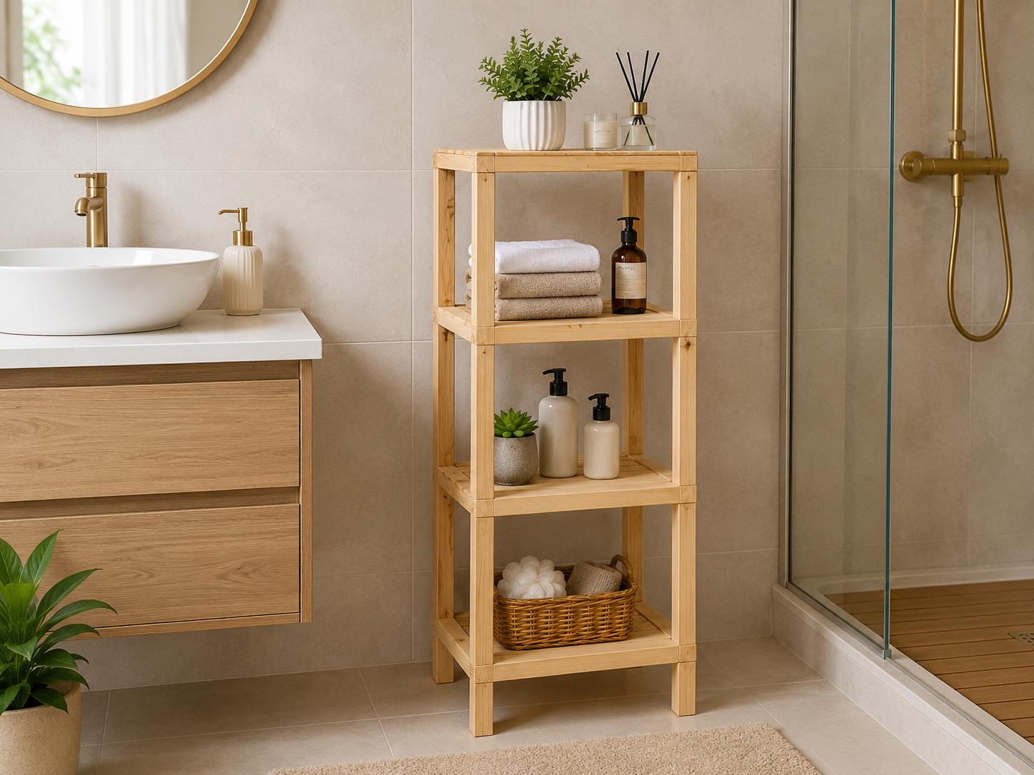 Natural Pine Wood 4-Tier Shelf | Compact Open Storage Rack