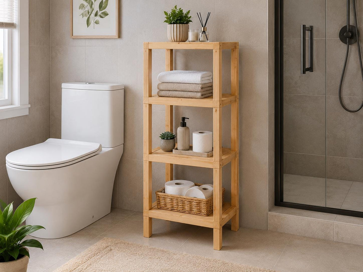 Natural Pine Wood 4-Tier Shelf | Compact Open Storage Rack