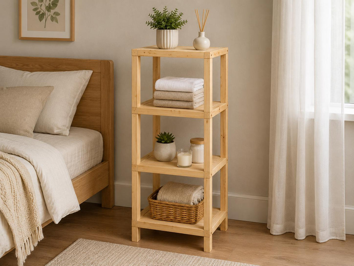 Natural Pine Wood 4-Tier Shelf | Compact Open Storage Rack