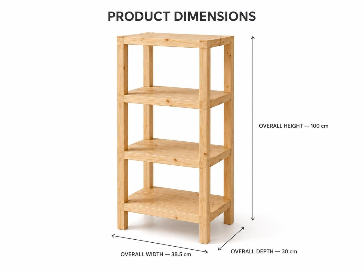 Natural Pine Wood 4-Tier Shelf | Compact Open Storage Rack