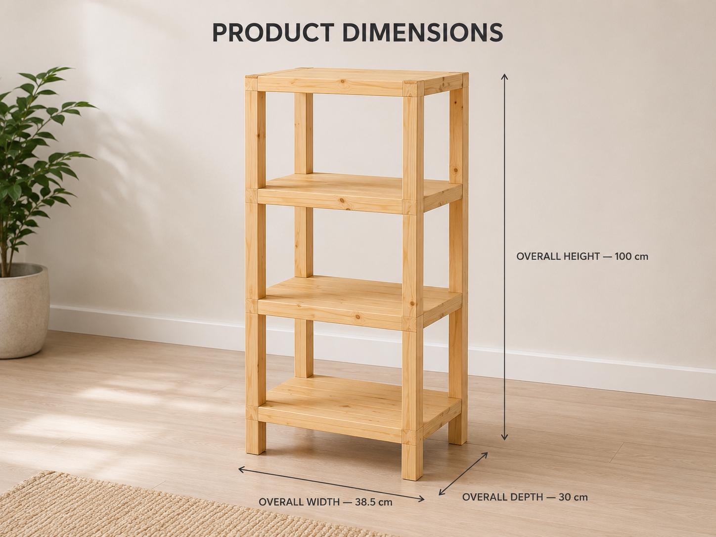 Natural Pine Wood 4-Tier Shelf | Compact Open Storage Rack