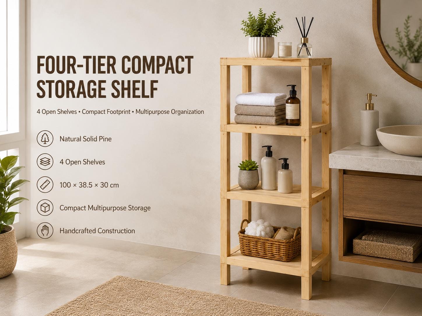 Natural Pine Wood 4-Tier Shelf | Compact Open Storage Rack