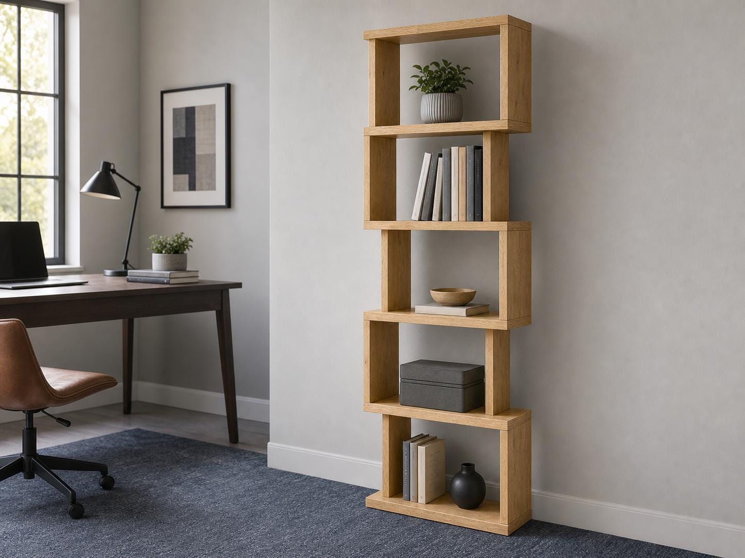 Natural Pine Wood Shelf Unit with Six Shelves