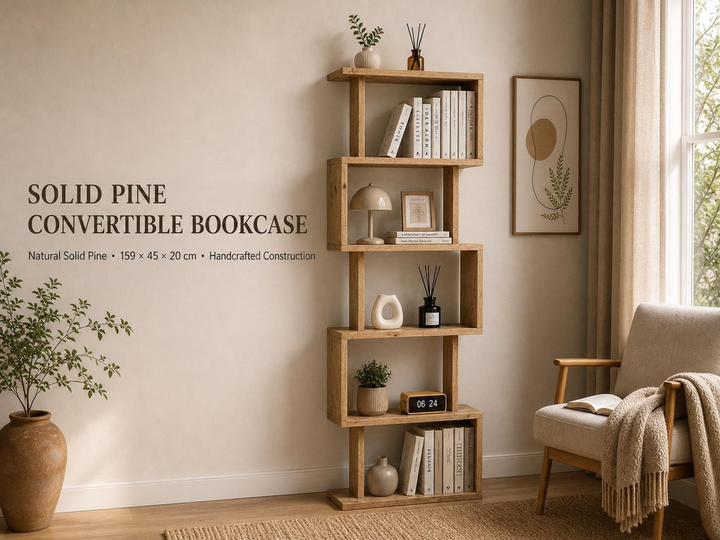 Natural Pine Wood Shelf Unit with Six Shelves