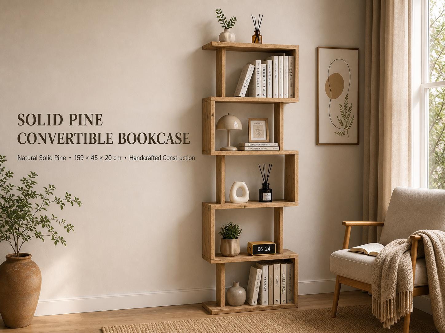 Natural Pine Wood Shelf Unit with Six Shelves