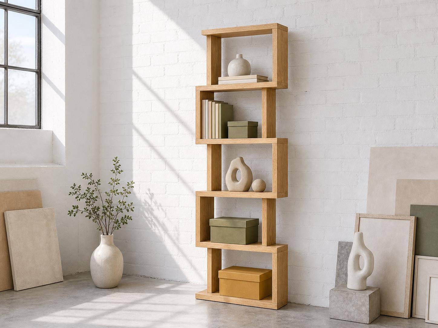 Natural Pine Wood Shelf Unit with Six Shelves