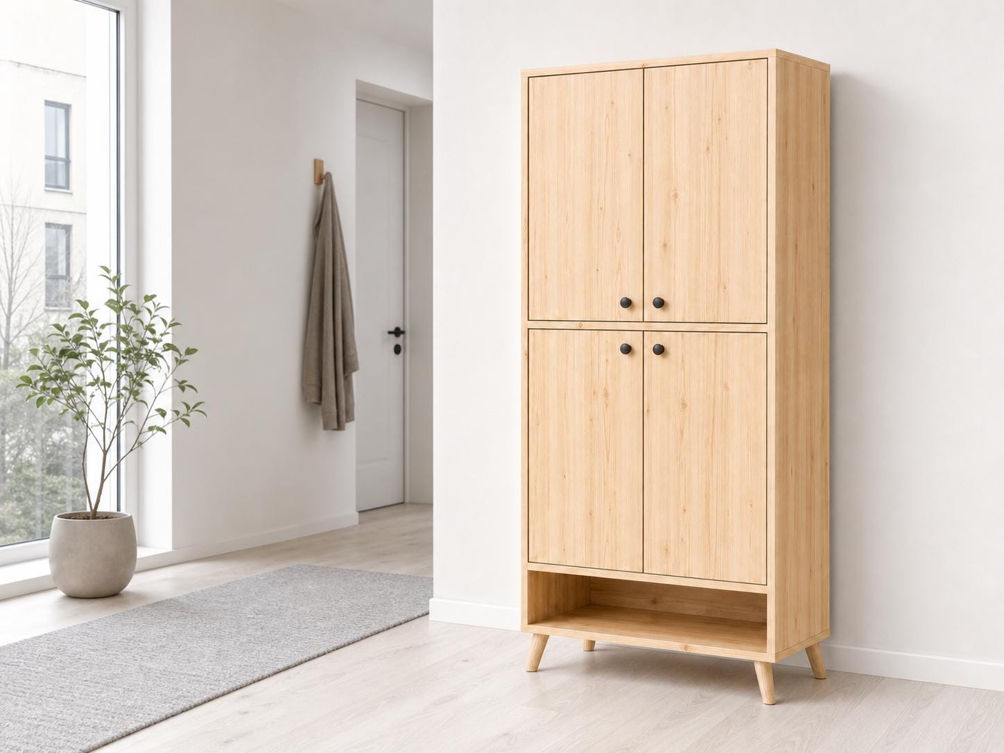 Natural Pine 4-Door 5-Shelf Wooden Storage Cabinet - Multipurpose