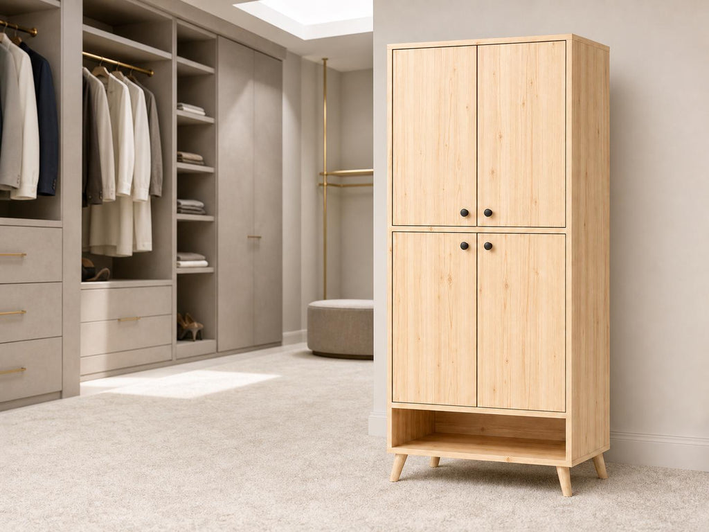 Natural Pine 4-Door 5-Shelf Wooden Storage Cabinet - Multipurpose