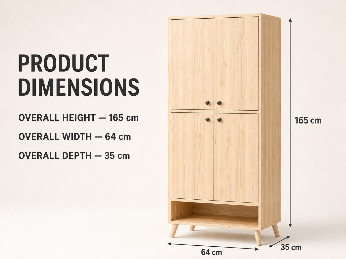 Natural Pine 4-Door 5-Shelf Wooden Storage Cabinet - Multipurpose