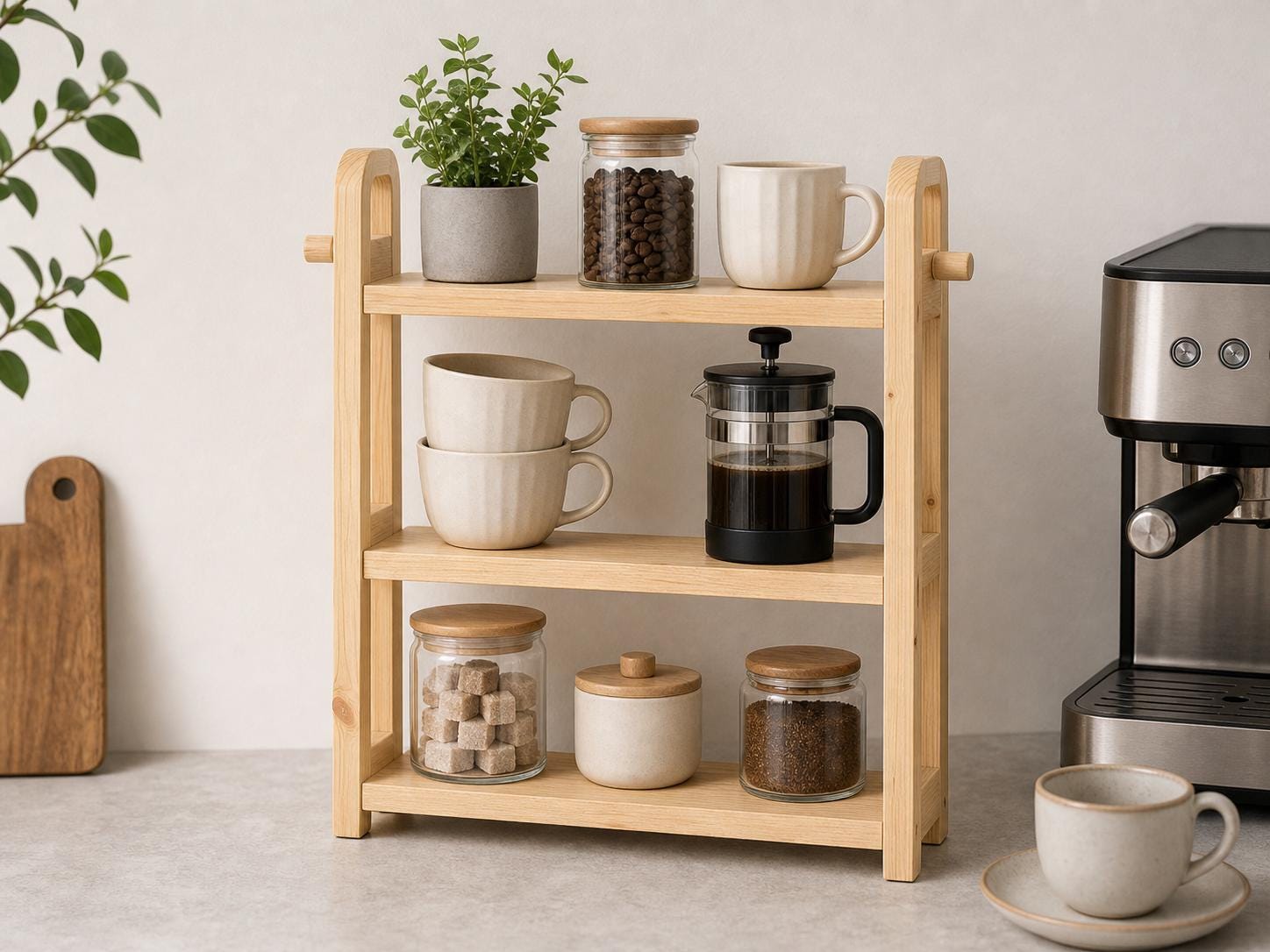 Natural Pine Wood Kitchen Shelf Organizer with Three Tiers