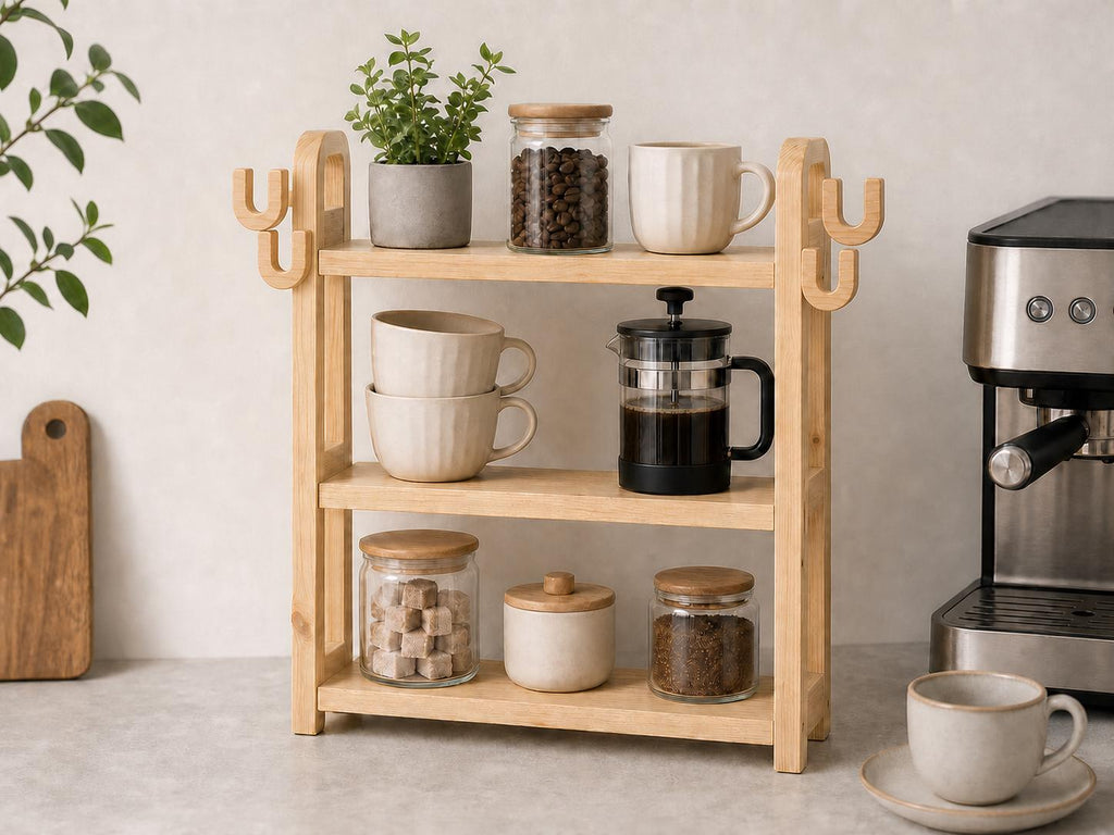 Natural Pine Wood Kitchen Shelf Organizer with Three Tiers