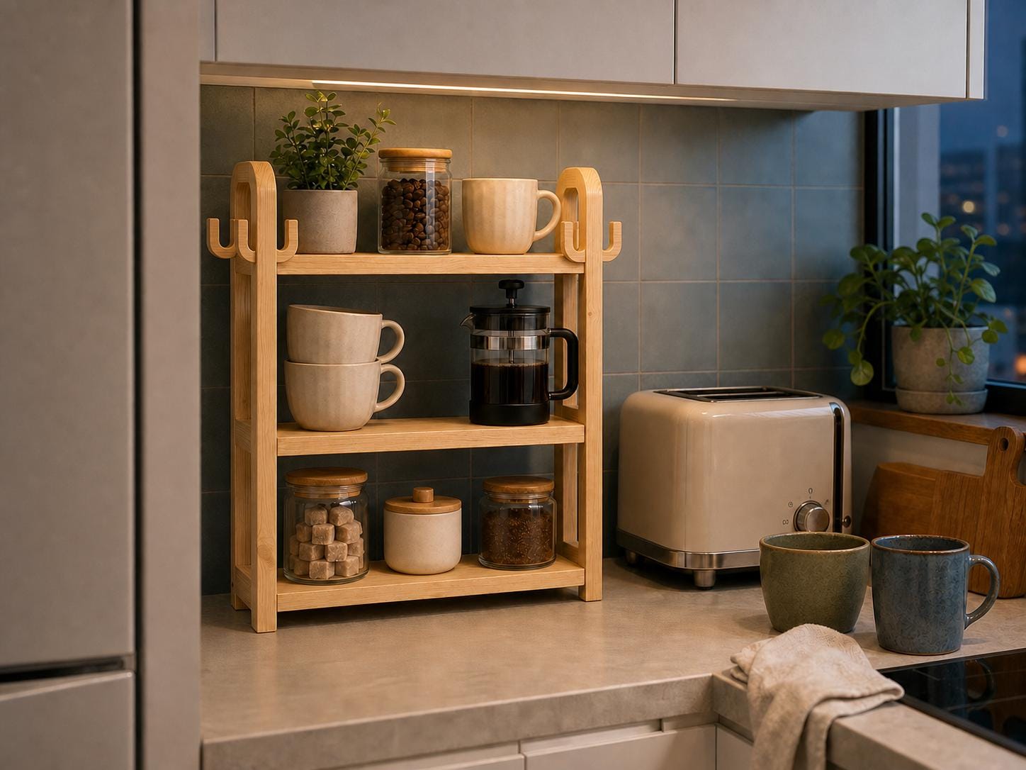 Natural Pine Wood Kitchen Shelf Organizer with Three Tiers