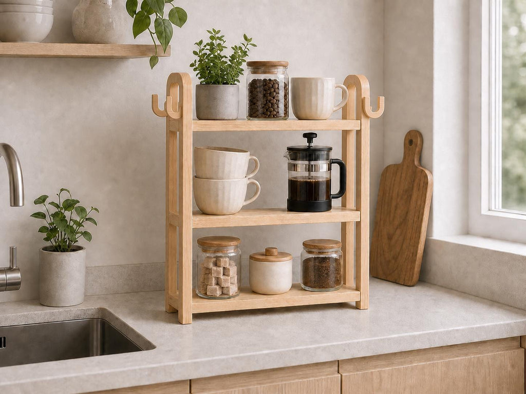 Natural Pine Wood Kitchen Shelf Organizer with Three Tiers
