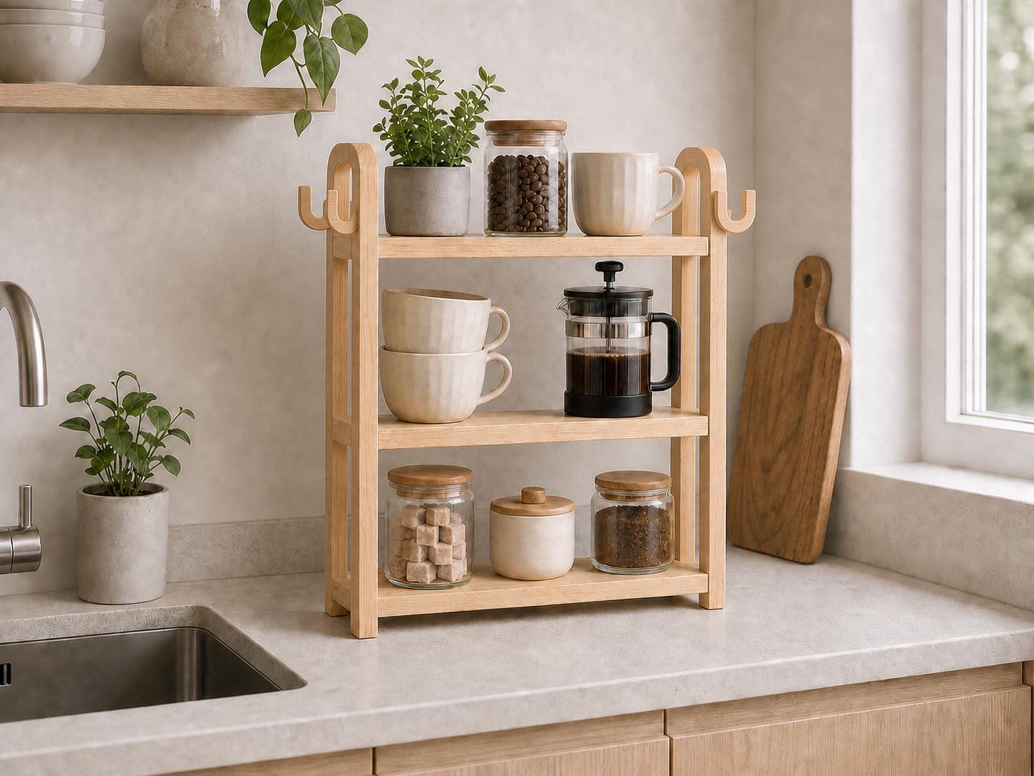 Natural Pine Wood Kitchen Shelf Organizer with Three Tiers