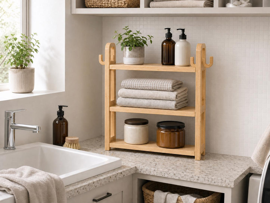 Natural Pine Wood Kitchen Shelf Organizer with Three Tiers