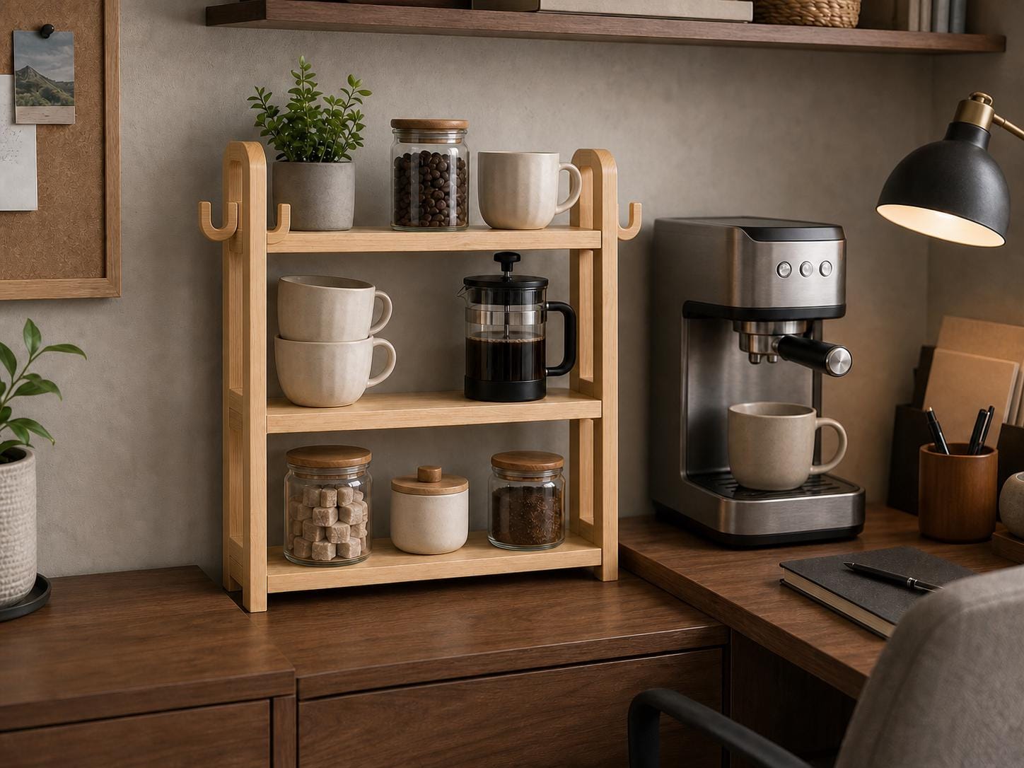 Natural Pine Wood Kitchen Shelf Organizer with Three Tiers