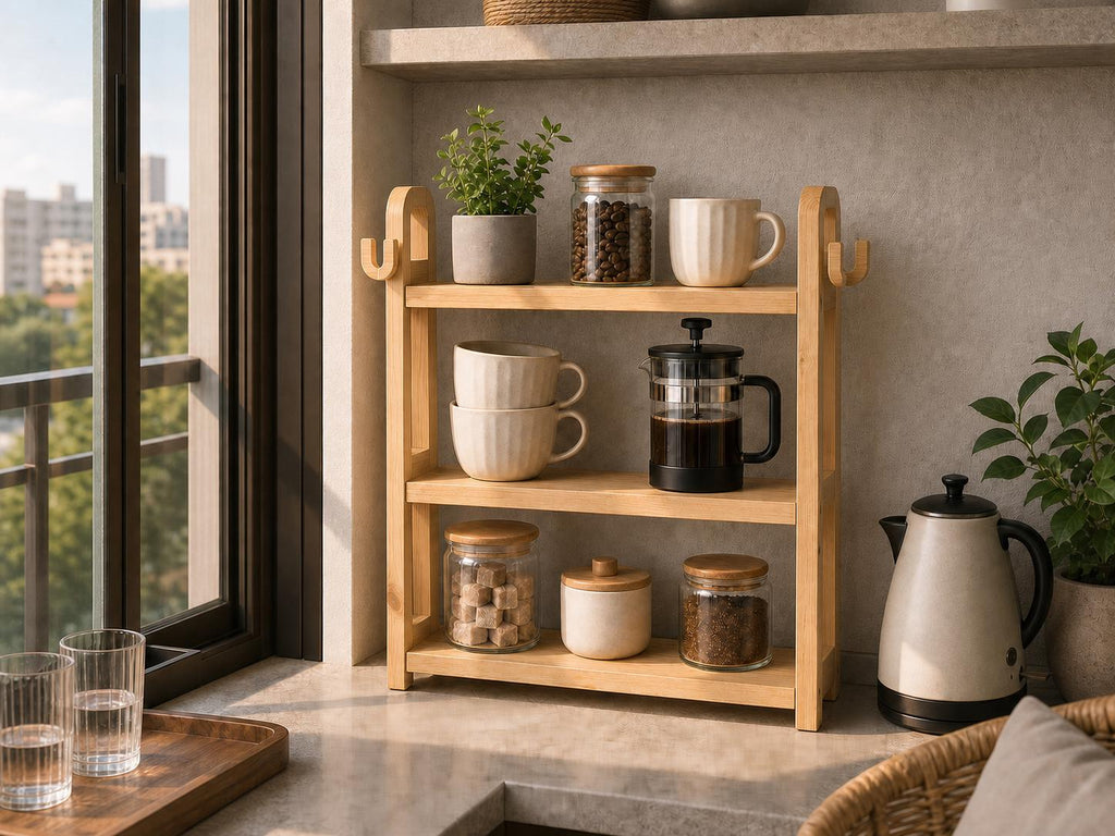 Natural Pine Wood Kitchen Shelf Organizer with Three Tiers