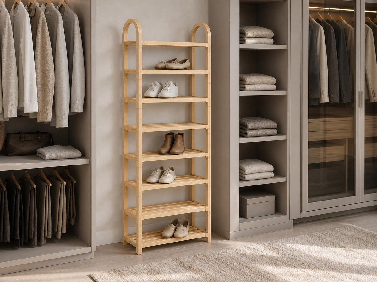 Bamboo Shoe Rack — Natural Pine Wood, Tall Design