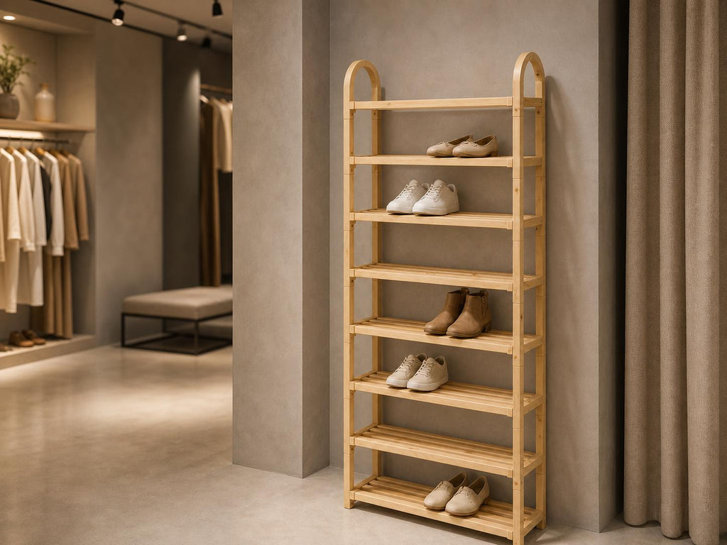 Bamboo Shoe Rack — Natural Pine Wood, Tall Design