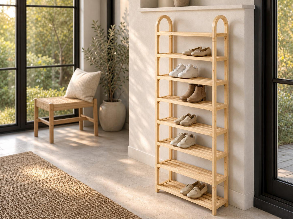 Bamboo Shoe Rack — Natural Pine Wood, Tall Design