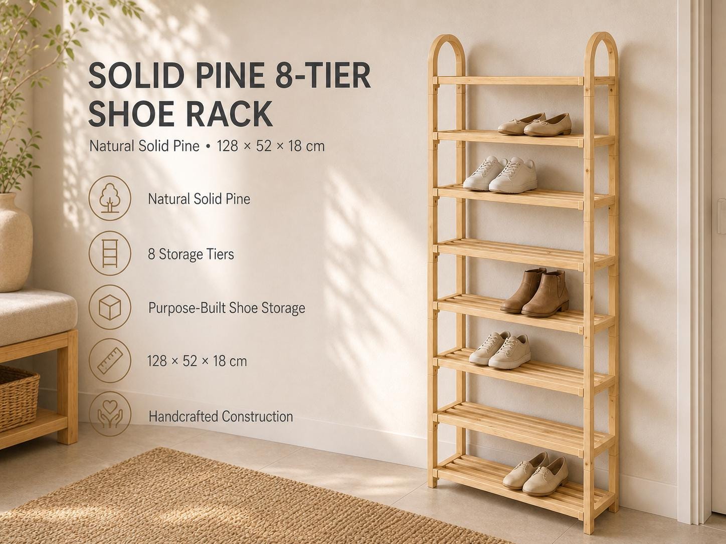 Bamboo Shoe Rack — Natural Pine Wood, Tall Design
