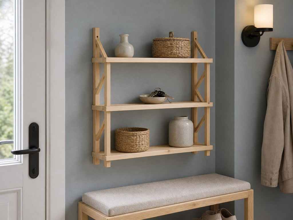 Natural Pine Wood 3-Tier Wall Shelf Unit