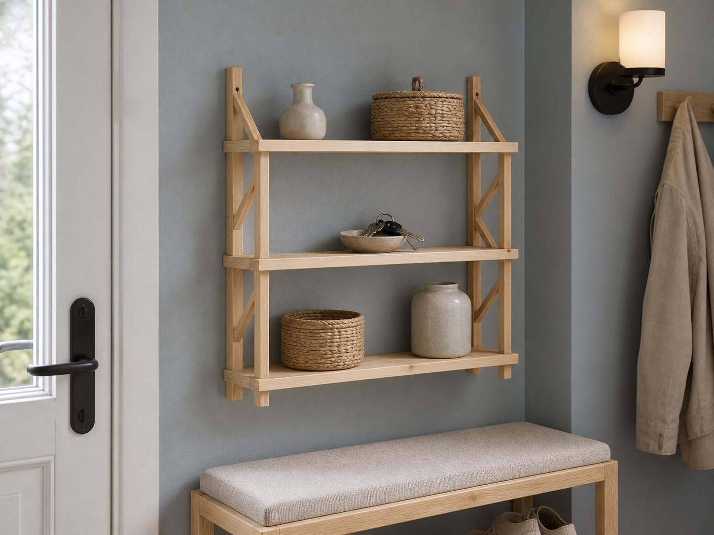 Natural Pine Wood 3-Tier Wall Shelf Unit