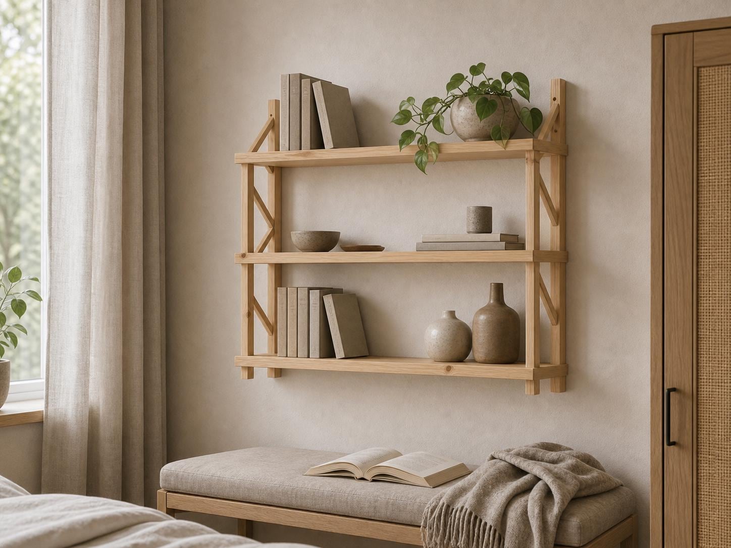 Natural Pine Wood 3-Tier Wall Shelf Unit