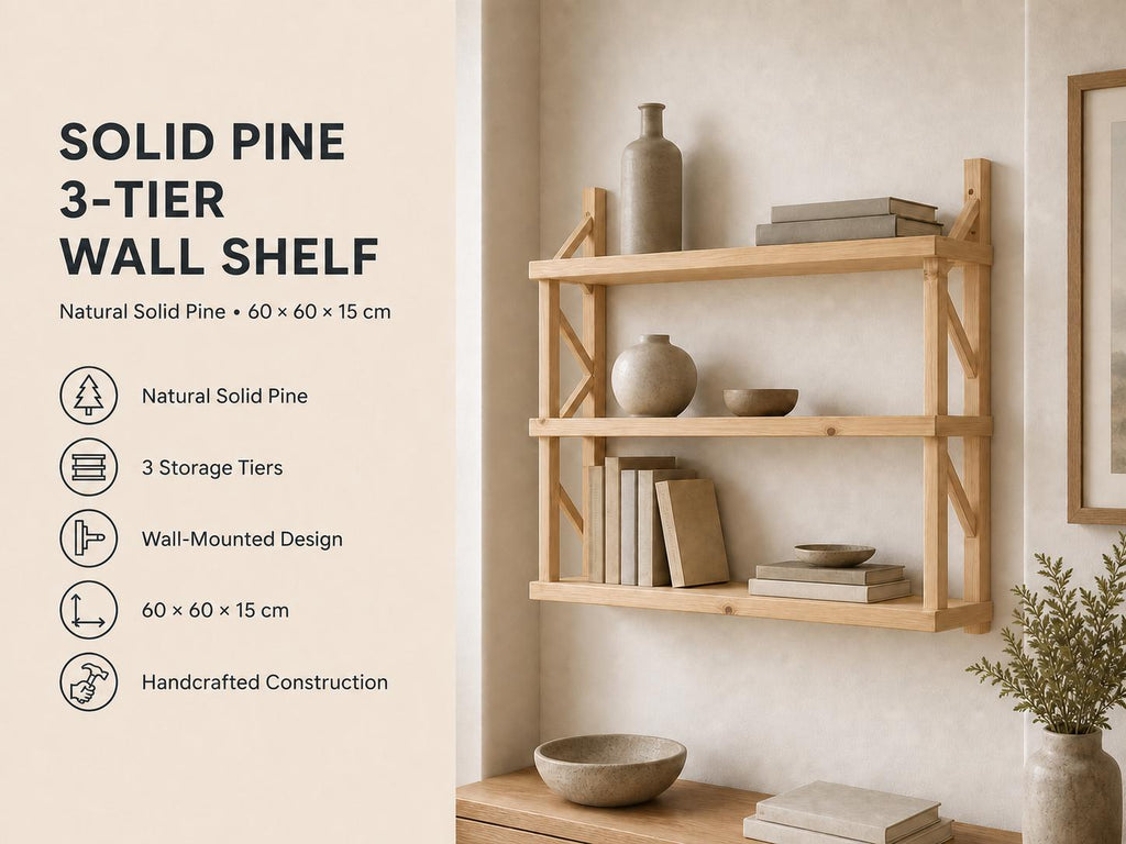 Natural Pine Wood 3-Tier Wall Shelf Unit