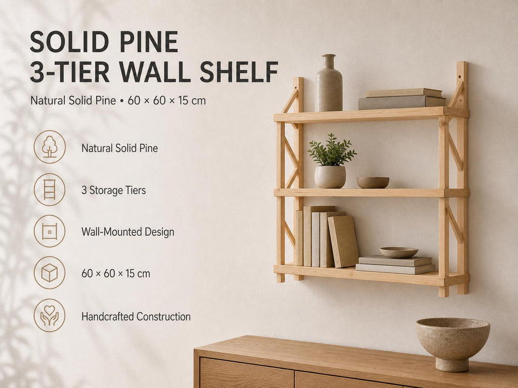 Natural Pine Wood 3-Tier Wall Shelf Unit
