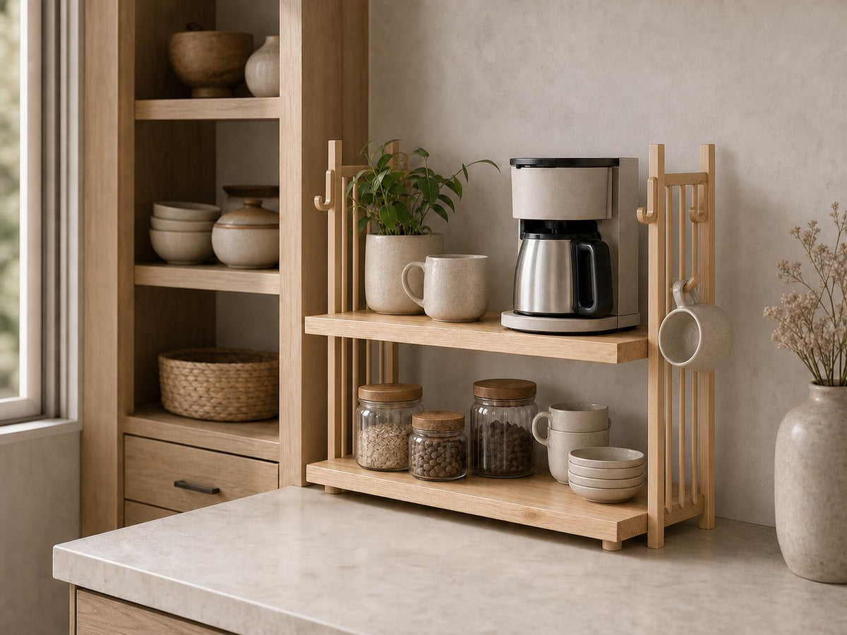 Wooden Coffee Maker Stand with Mug Hooks