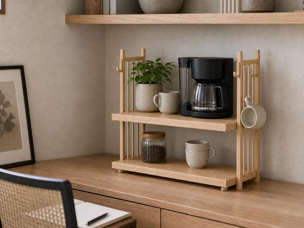 Wooden Coffee Maker Stand with Mug Hooks