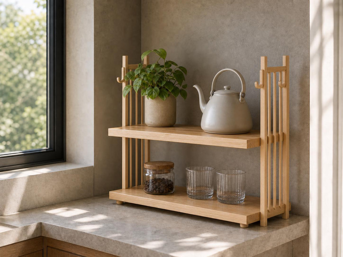Wooden Coffee Maker Stand with Mug Hooks