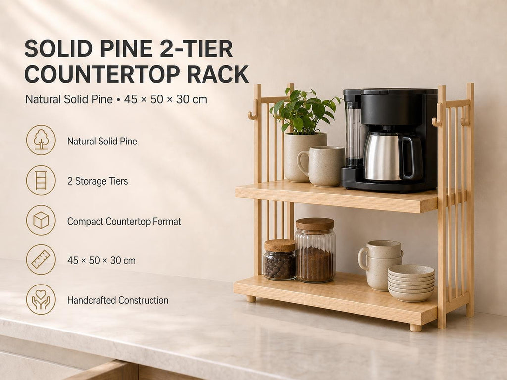 Wooden Coffee Maker Stand with Mug Hooks