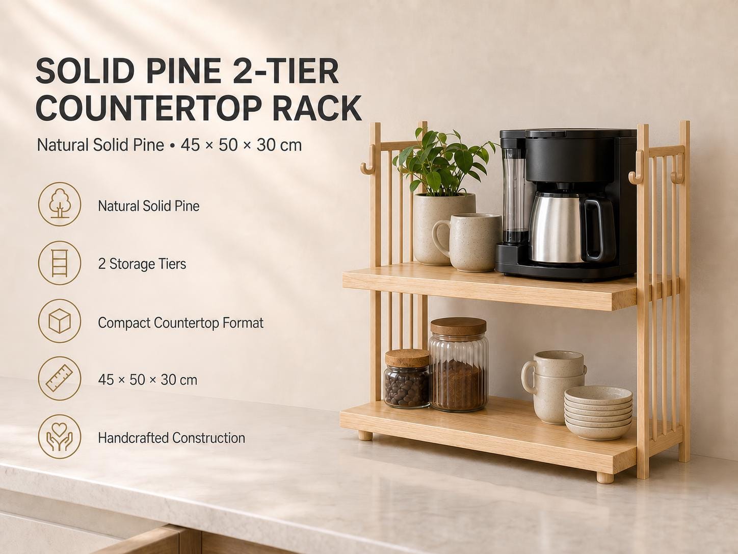 Wooden Coffee Maker Stand with Mug Hooks