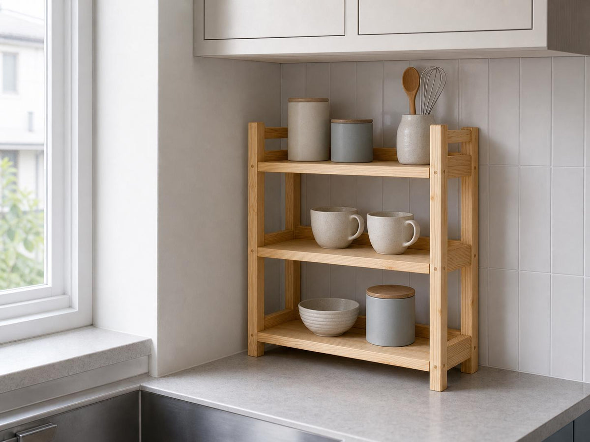 Natural Pine Wooden Shelf Rack with Three Tiers — Natural Finish