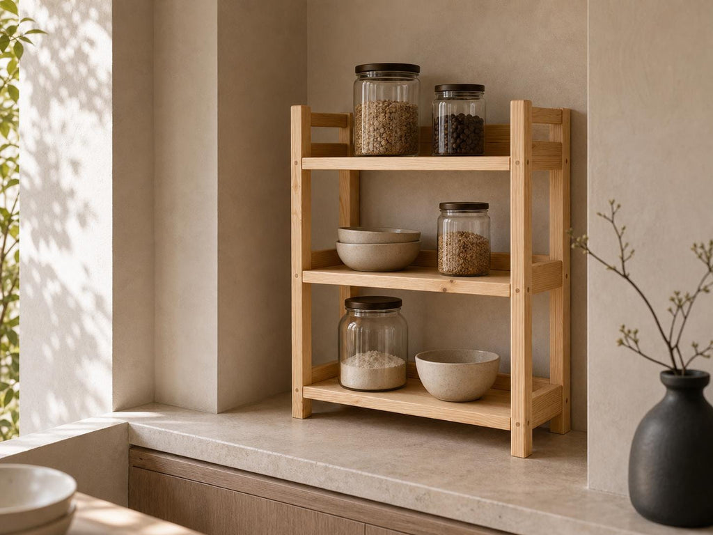 Natural Pine Wooden Shelf Rack with Three Tiers — Natural Finish