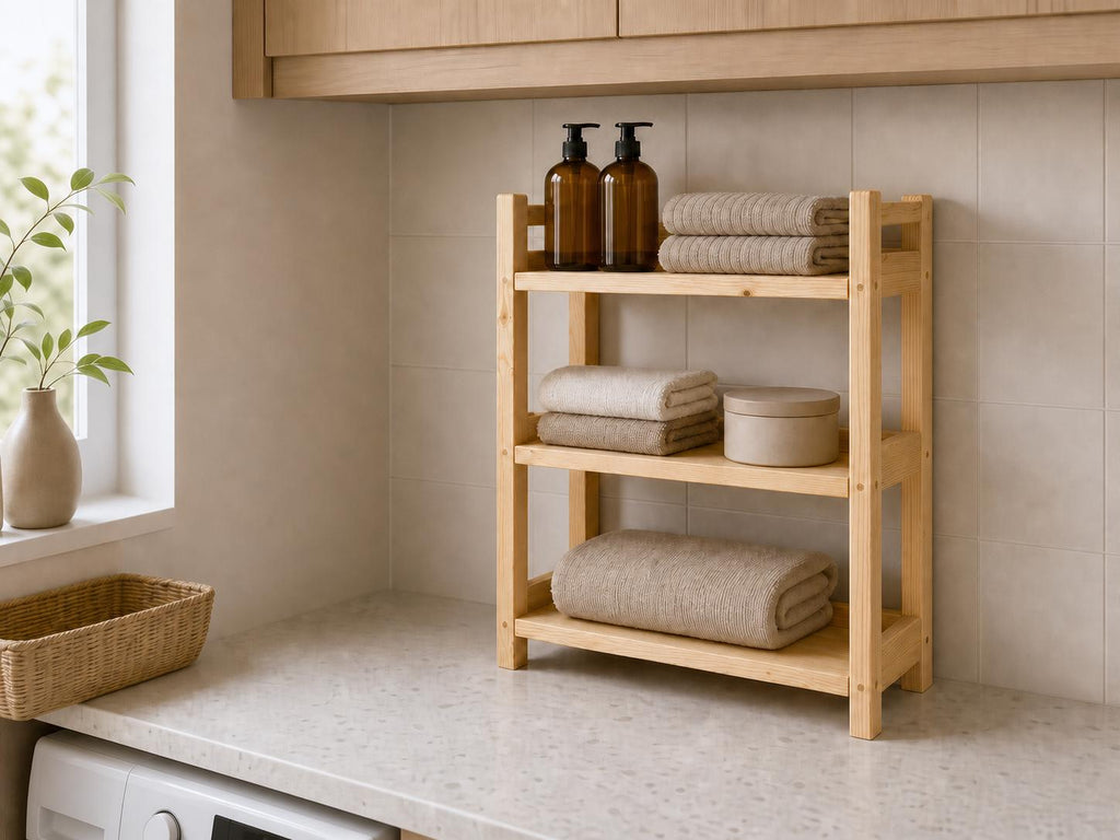 Natural Pine Wooden Shelf Rack with Three Tiers — Natural Finish