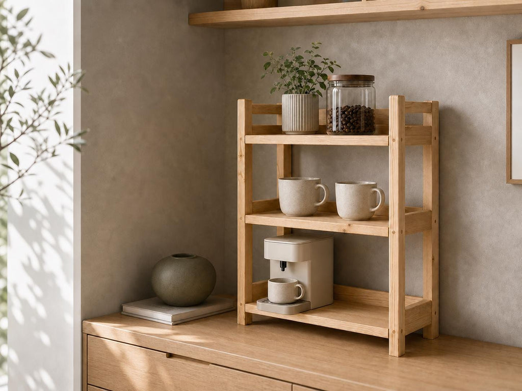 Natural Pine Wooden Shelf Rack with Three Tiers — Natural Finish
