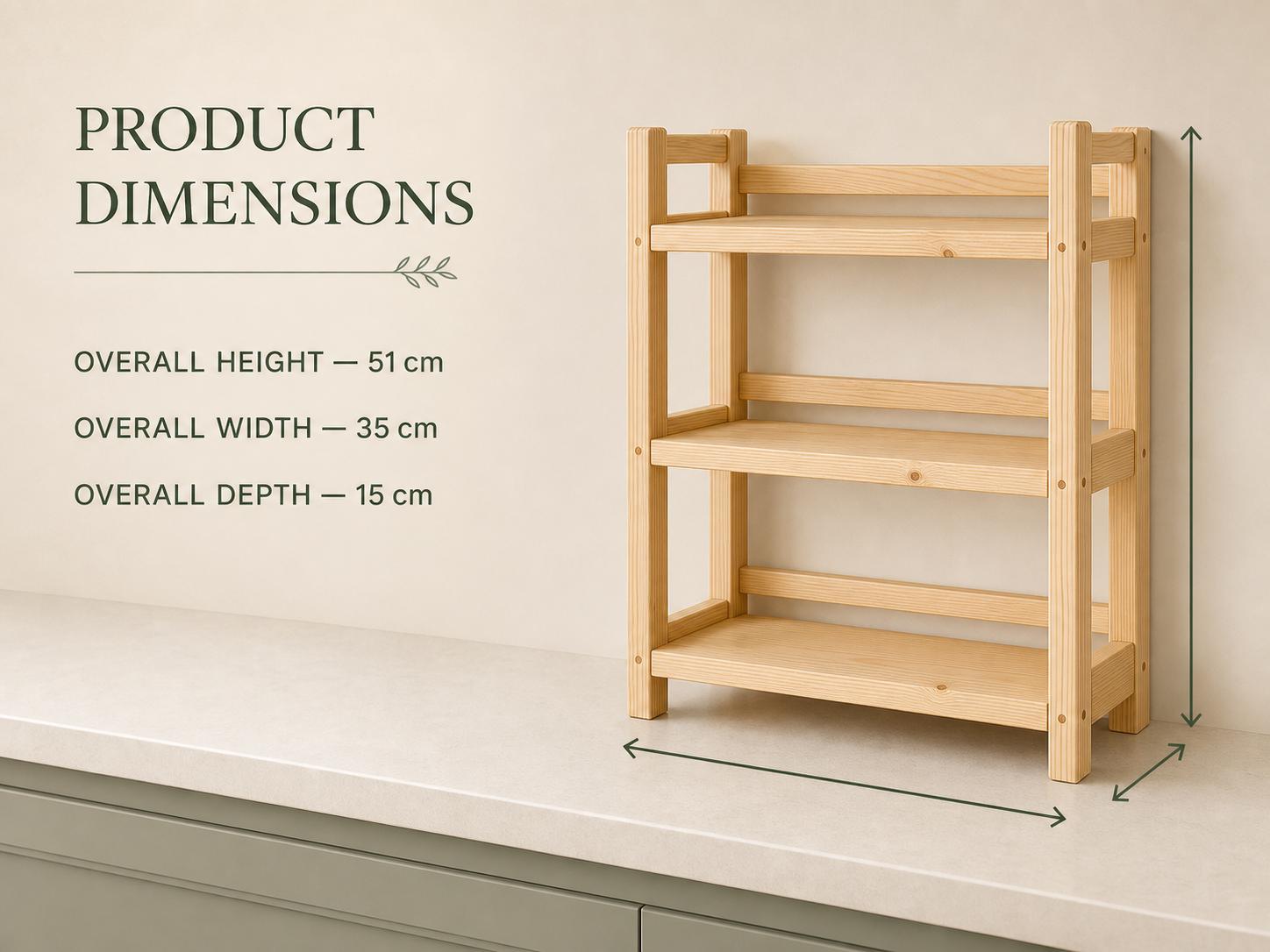 Natural Pine Wooden Shelf Rack with Three Tiers — Natural Finish