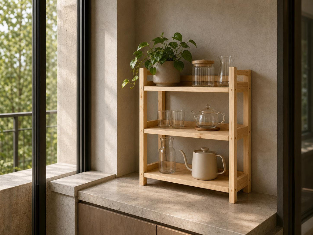 Natural Pine Wooden Shelf Rack with Three Tiers — Natural Finish