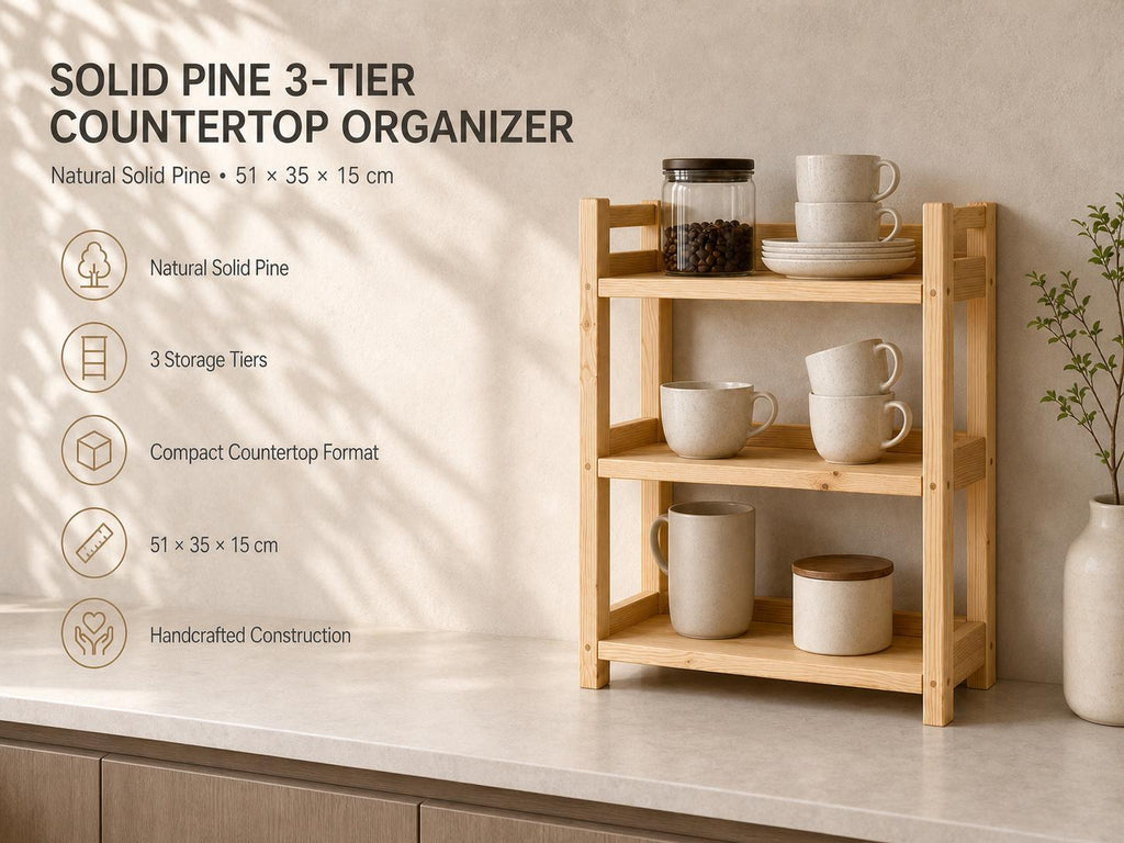 Natural Pine Wooden Shelf Rack with Three Tiers — Natural Finish