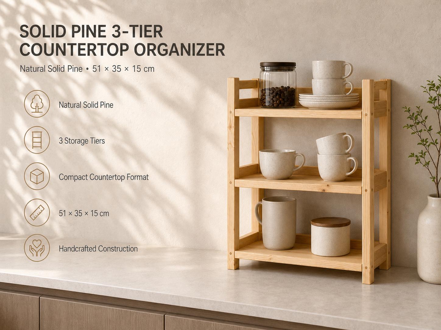 Natural Pine Wooden Shelf Rack with Three Tiers — Natural Finish