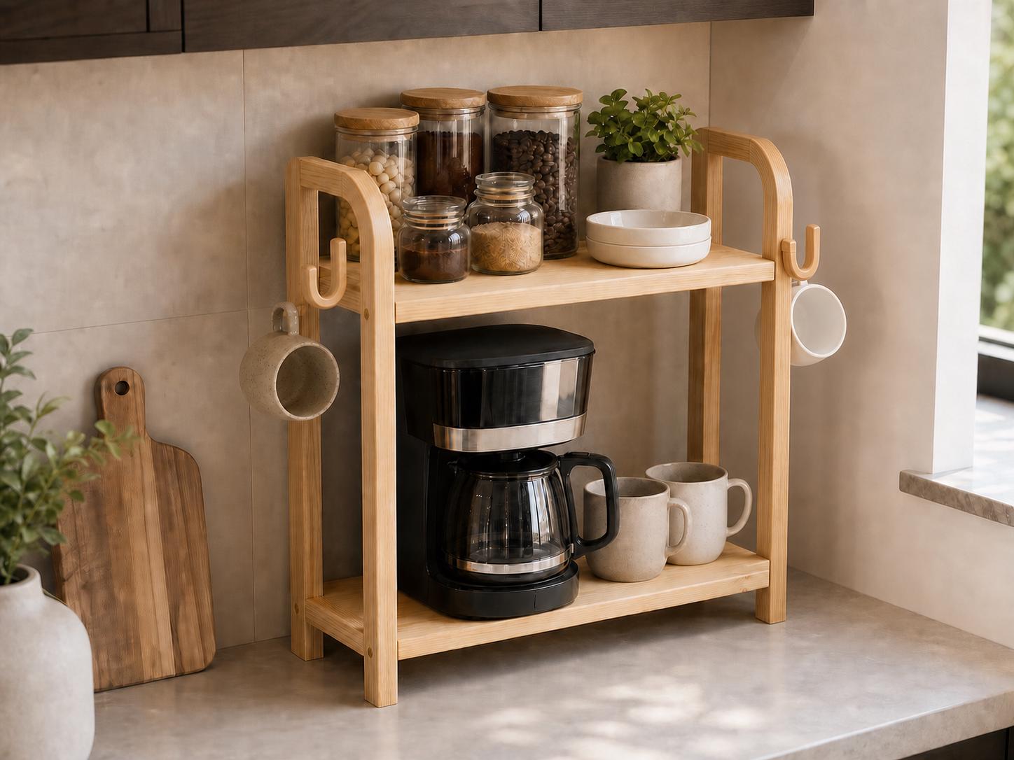 Wooden Countertop Coffee Organizer with Hooks