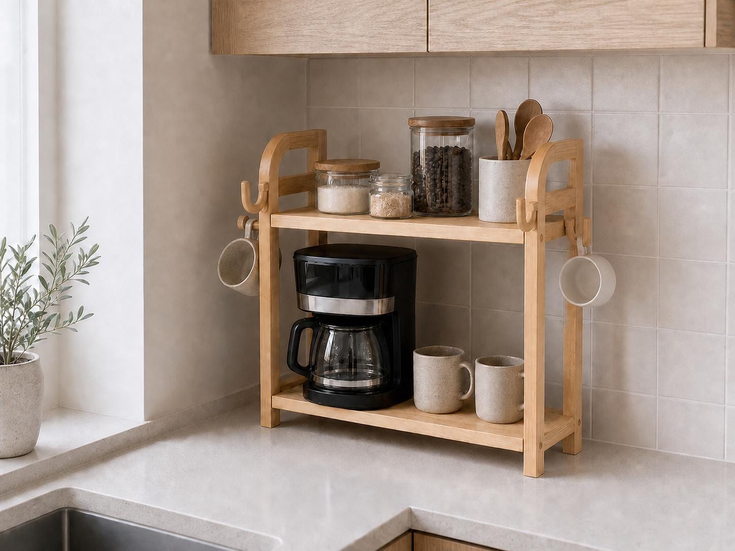 Wooden Countertop Coffee Organizer with Hooks