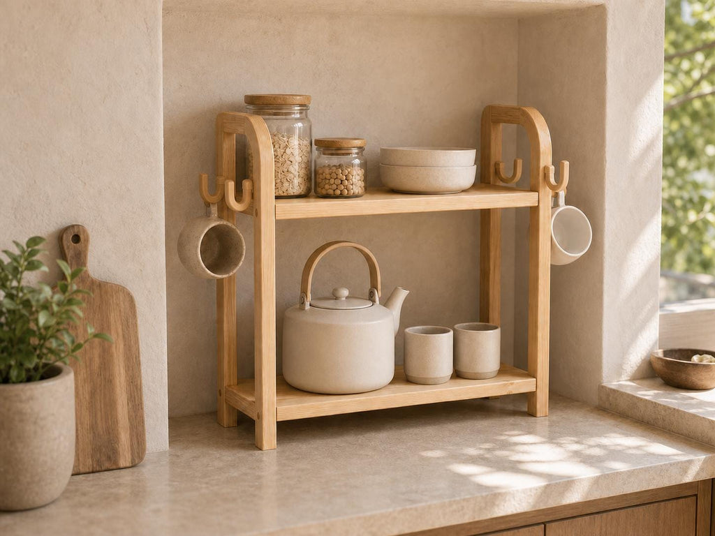Wooden Countertop Coffee Organizer with Hooks