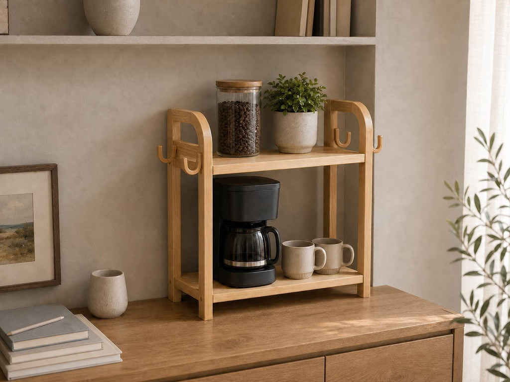 Wooden Countertop Coffee Organizer with Hooks