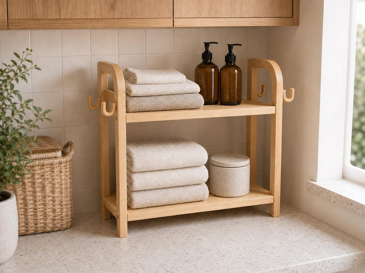 Wooden Countertop Coffee Organizer with Hooks