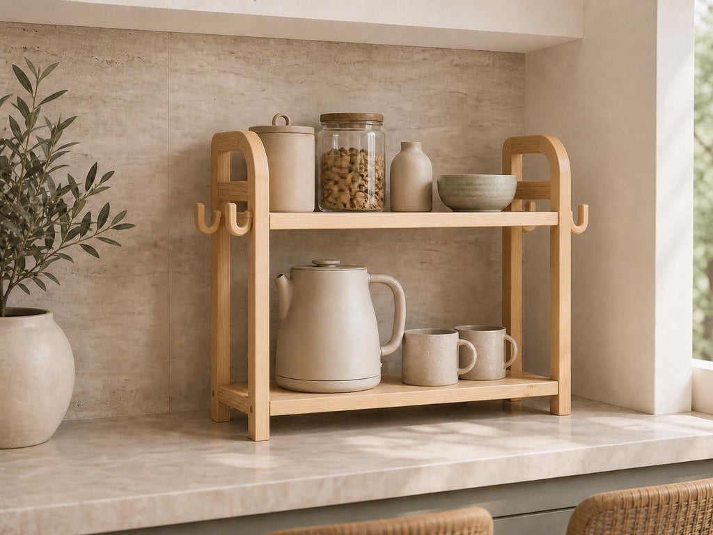Wooden Countertop Coffee Organizer with Hooks
