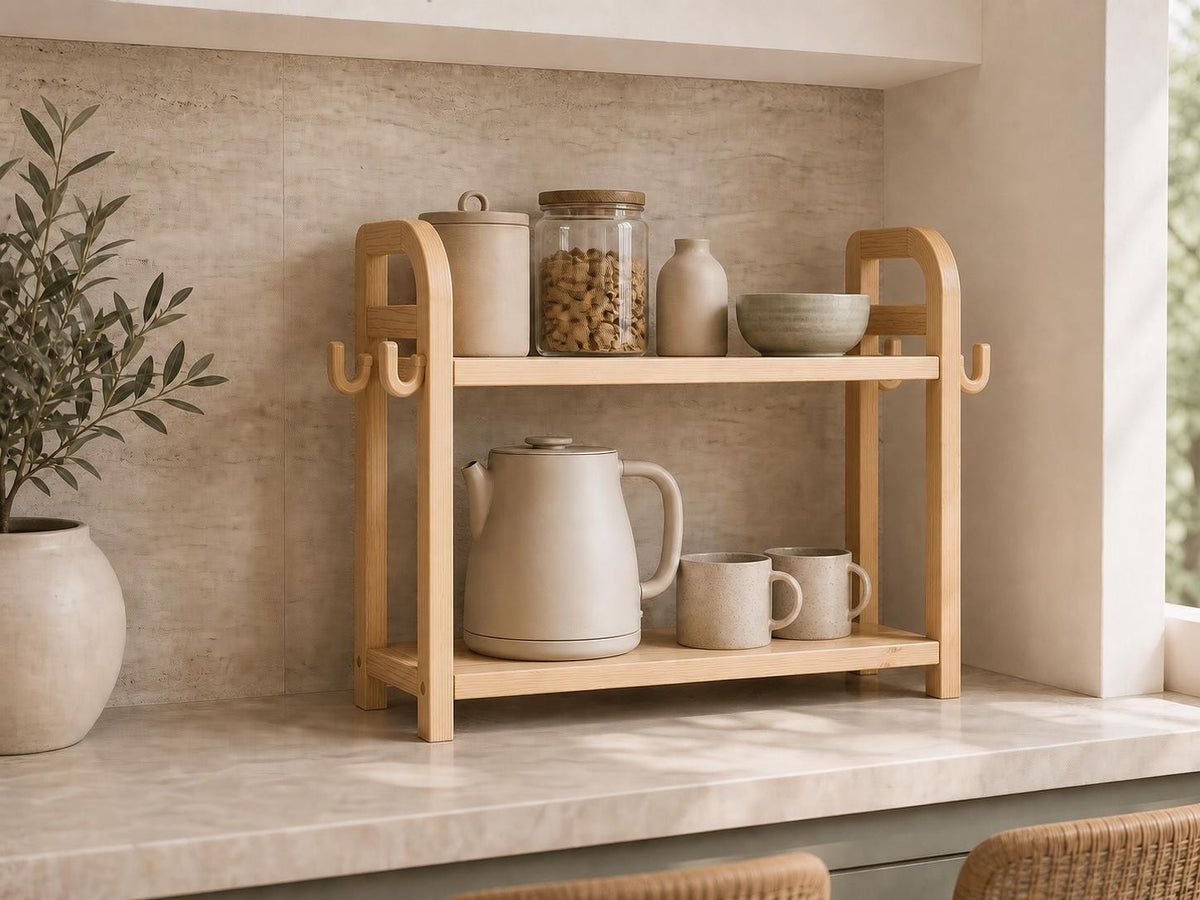Wooden Countertop Coffee Organizer with Hooks